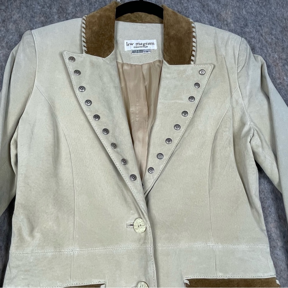 Vtg Lew Margam Leather Suede Western Aspen Whipstitch Studs Mid-Length Coat-Sz 8 - Picture 5 of 16